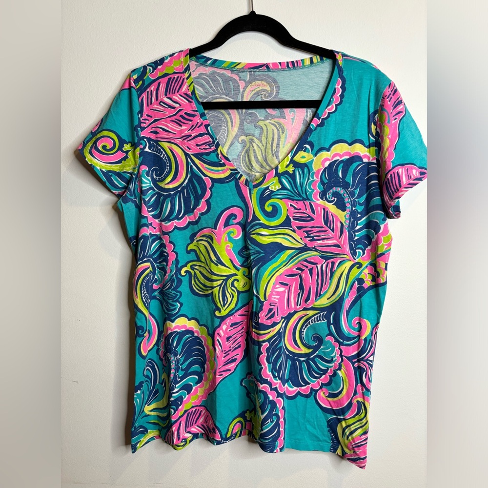 Lilly Pulitzer Sea Blue Private Island V-Neck T-Shirt Size XL